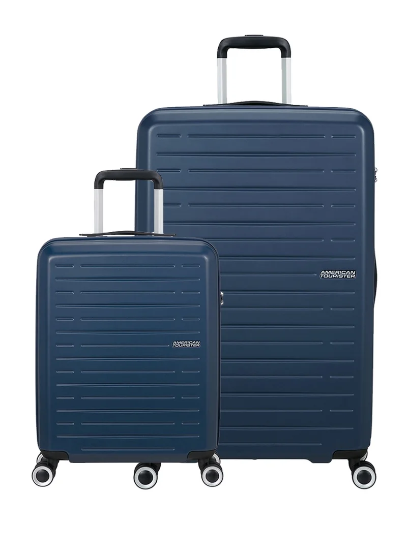 American Tourister Aerojoy Suitcase, 2pc Set (55 + 80 cm), 4 Spinner Wheels, Hard Top, ABS, Dark Blue|TSA Lock|Inner Mesh Zippered Divider|Cross Ribbons|Lightweight|Expandable - 3 Years International Warranty